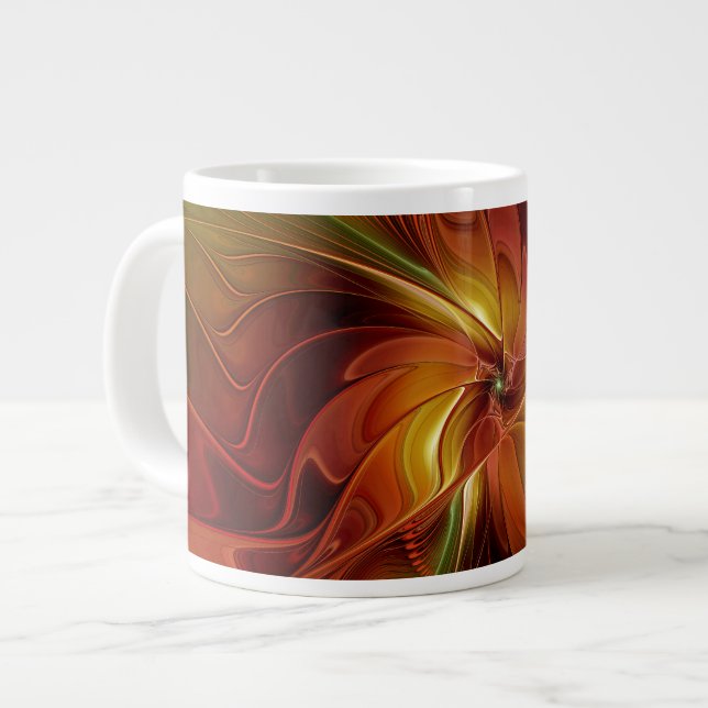 Caneca De Café Grande Flor verde-laranja-abstrato Vermelho Castanho-Cast (Frente Esquerda)