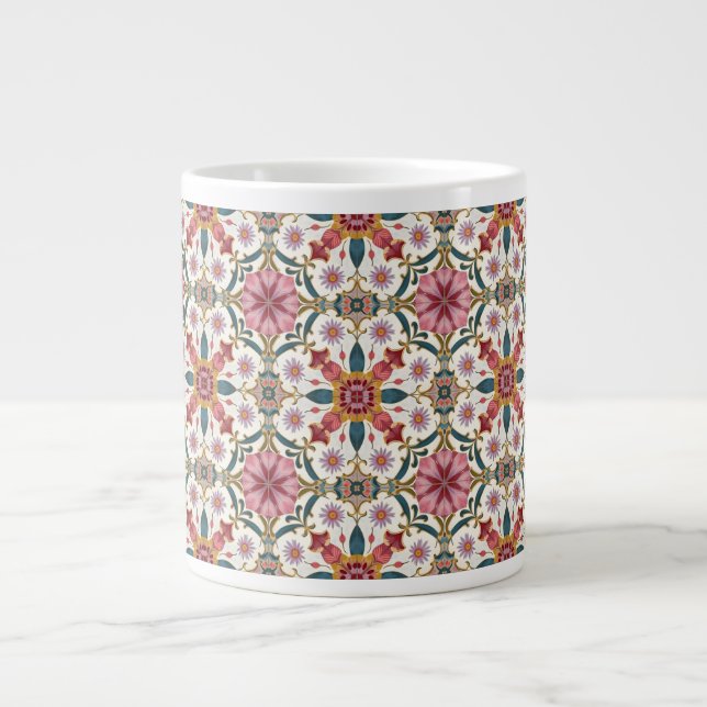 Caneca De Café Grande Floral Boho Pattern in Red, Pink & Teal (Frente)