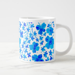 Caneca De Café Grande Floral Botânico em Azul Profundo e Branco