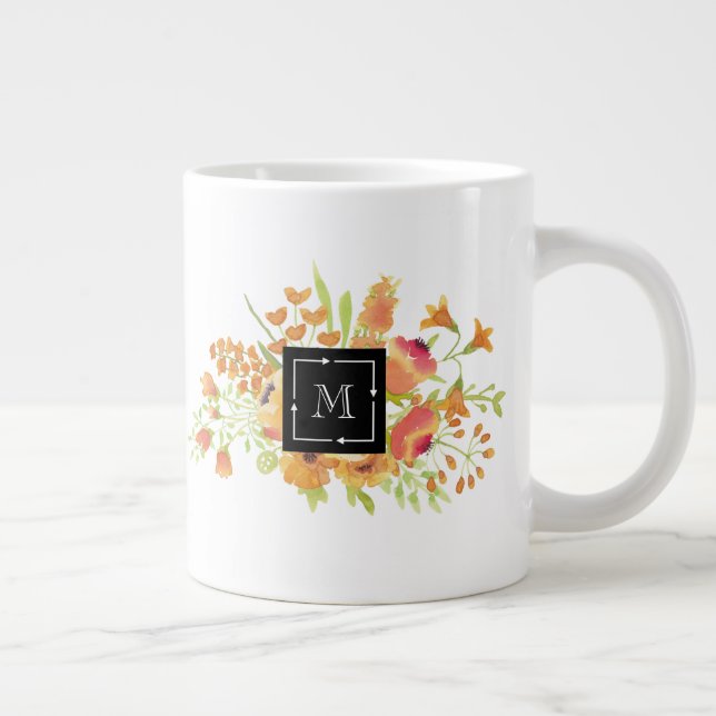Caneca De Café Grande Floral de Aquarela Personalizada com Monograma (Direita)