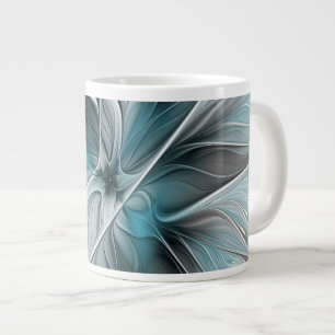 Caneca De Café Grande Floral Fractal Moderno Abstrato Flor Azul Cinza