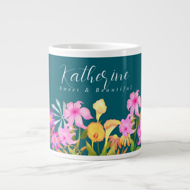 Caneca De Café Grande Floral Garden Teal (Frente)