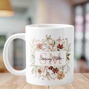 Caneca De Café Grande Floral Monograma Elegante Aquarela de Outono