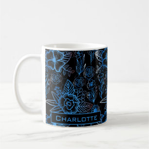 Caneca De Café Grande floral padrão floral nome personalizado azu