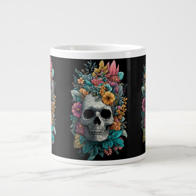 Caneca De Café Grande Floral Skull – Goth Botanical Art Specialty Mug (Frente)