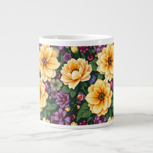 Caneca De Café Grande Flores Amarelas Brilhantes e Roxas Coloridas