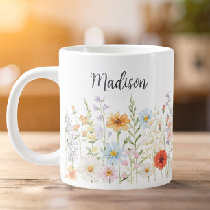 Caneca De Café Grande Flores Botânicas Florais Selvagens de Aquarela Mon