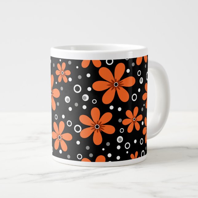 Caneca De Café Grande Flores cor de laranja brilhantes sobre fundo preto (Frente Esquerda)