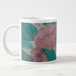 Caneca De Café Grande flores cor-de-rosa com esboço contemporâneo e folh