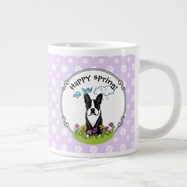 Caneca De Café Grande Flores da primavera Boston Terrier Dog (preto) Cut (Direita)
