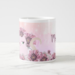 Caneca De Café Grande Flores de Gato Cute Rosa
