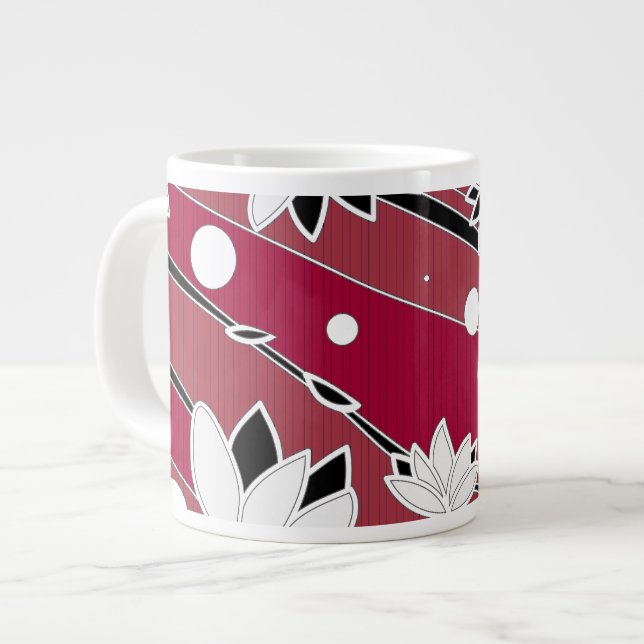 Caneca De Café Grande Flores de Lotus Brancos em Stripes Vermelhas (Frente Esquerda)