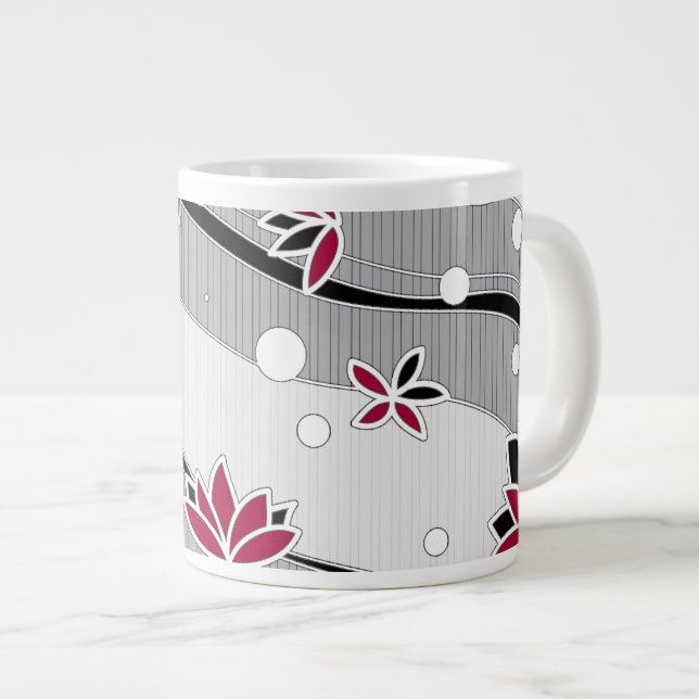 Caneca De Café Grande Flores de lótus vermelhos em tiras de Cinza (Frente Esquerda)