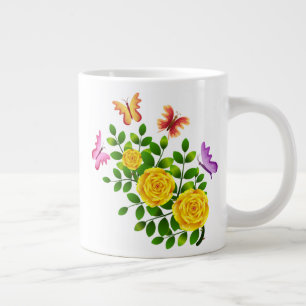 Caneca De Café Grande Flores De Rosa Amarelas E Butterfles-64567