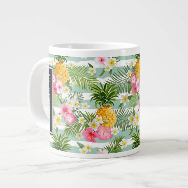 Caneca De Café Grande Flores e Abacaxi - Tiras de Teal| Adicione Seu Nom (Frente Esquerda)