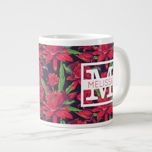 Caneca De Café Grande Flores E Bovinos| Adicione Seu Nome (Frente Esquerda)
