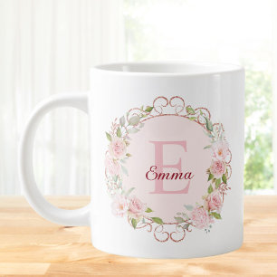 Caneca De Café Grande Flores Florais Rosa Bege Aquarela Monograma