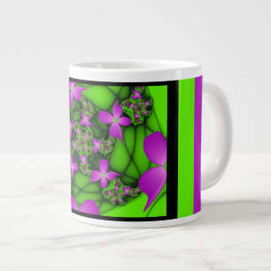 Caneca De Café Grande Flores Fractais Abstratas Modernas Rosa Verde Neon