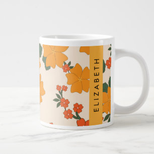 Caneca De Café Grande Flores Laranja, Padrão De Flores, Seu Nome