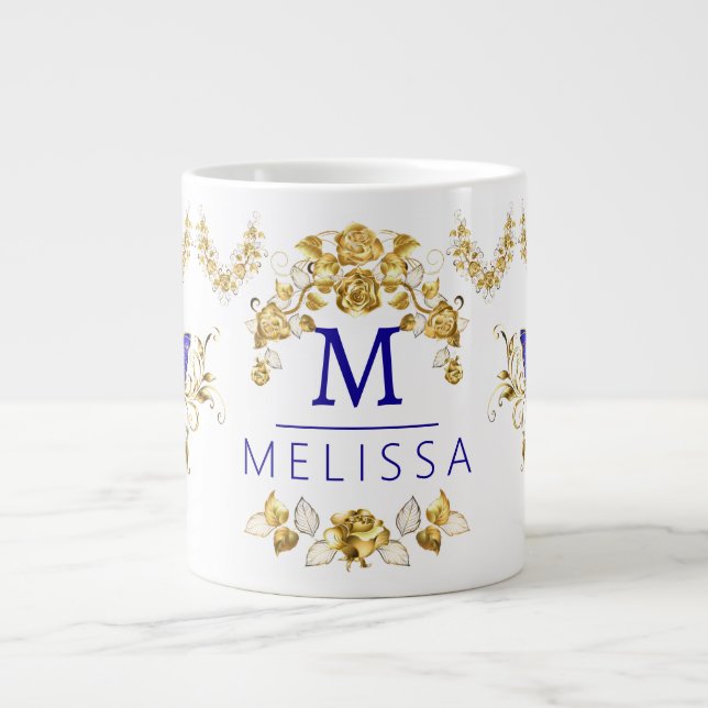 Caneca De Café Grande Flores modernas, borboletas azuis e douradas, mono (Frente)