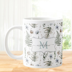 Caneca De Café Grande Flores Monogramáticas e Folhas de Samambaia Floral