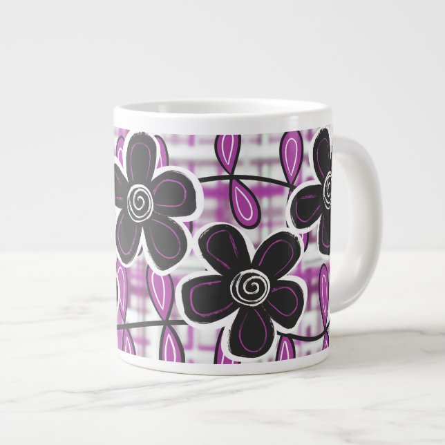 Caneca De Café Grande Flores Negras e Roxas Jumbo Mug (Frente Esquerda)