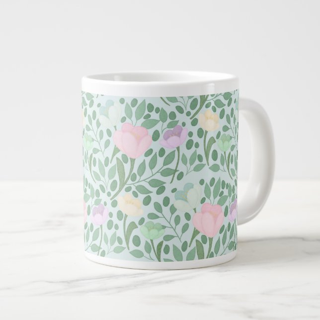 Caneca De Café Grande Flores pastéis doces em azul (Frente Esquerda)