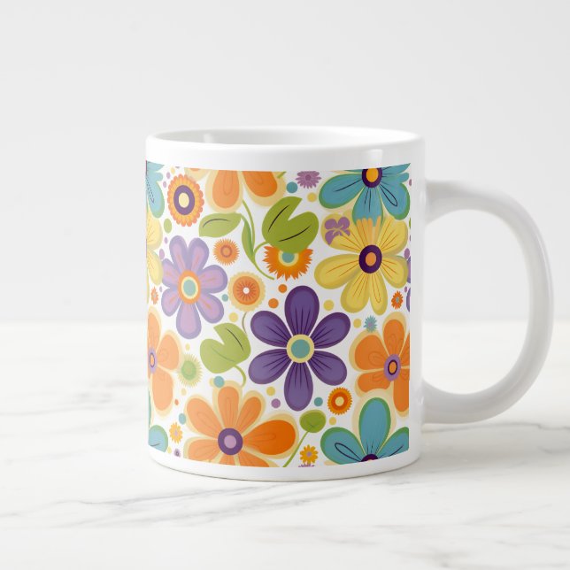 Caneca De Café Grande Flores Retro Laranja Lilac e Verde (Direita)