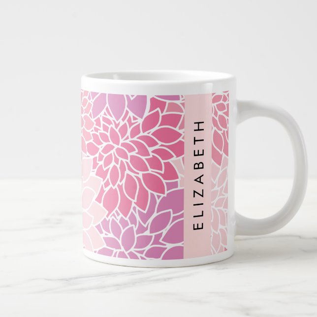 Caneca De Café Grande Flores Rosa Dahlia, Padrão De Flores, Seu Nome (Direita)