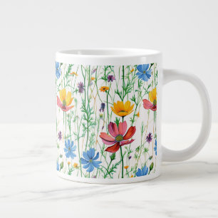 Caneca De Café Grande Flores selvagens coloridas e Grama Verde