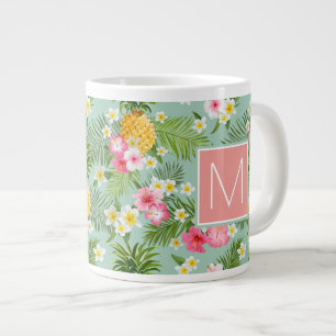 Caneca De Café Grande Flores tropicais e ananases Adicione Seu Inicial
