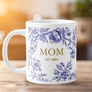 Caneca De Café Grande Flores Vintage Toile De Jouy Azul Dia Das Mães 