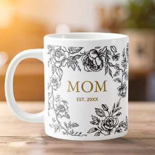 Caneca De Café Grande Flores Vintage Toile De Jouy Preto Dia Das Mães 