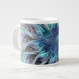 Caneca De Café Grande Florescer Abstrato Moderno Floral Fractal Com Azul