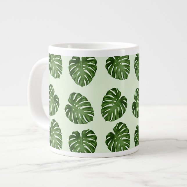 Caneca De Café Grande Folhas de Palma, Folhas Verdes, Padrão Tropical (Frente Esquerda)