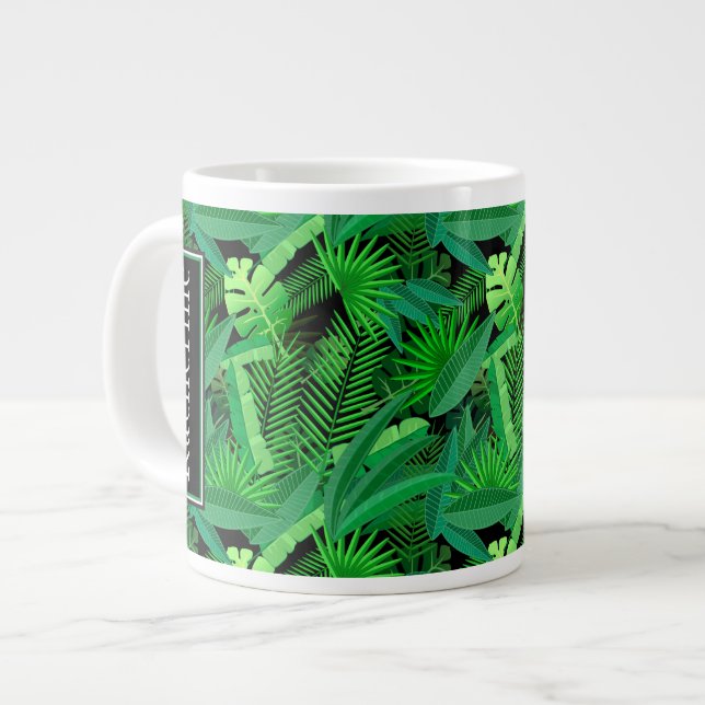 Caneca De Café Grande Folhas De Palmeiras Tropicais| Adicione Seu Nome (Frente Esquerda)