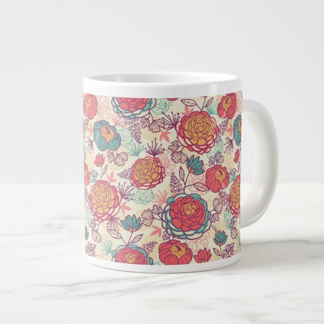 Caneca De Café Grande Folhas e flores de pénia (Frente Esquerda)