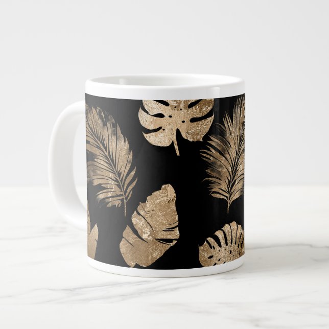 Caneca De Café Grande Folhas tropicais Douradas chic Black (Frente Esquerda)