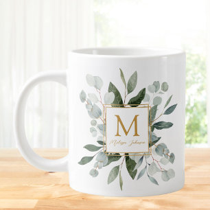 Caneca De Café Grande Folhas Tropicais Verdes em Aquarela Monograma