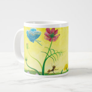 Caneca De Café Grande Formiga e borboleta no prado de flores silvestres