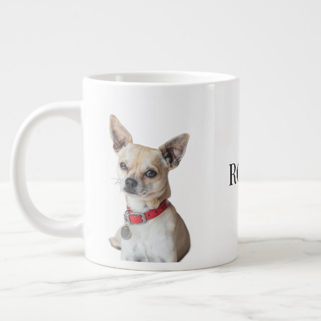 Caneca De Café Grande Foto Personalizada de Cachorro | Nome do Pet Perso (Esquerda)