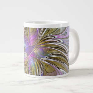 Caneca De Café Grande Fractal Abstrato Colorida Floral, Rosa E Dourada