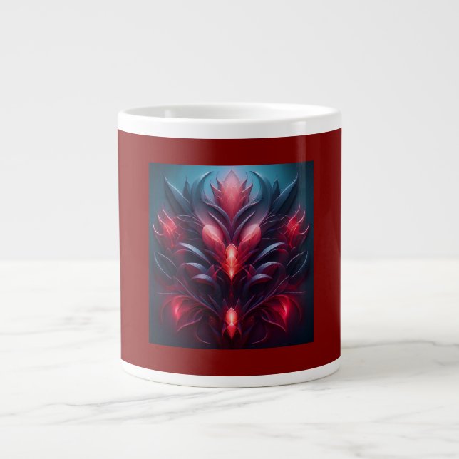 Caneca De Café Grande Fractal Vermelho e Azul Belos Com Dica Floral (Frente)