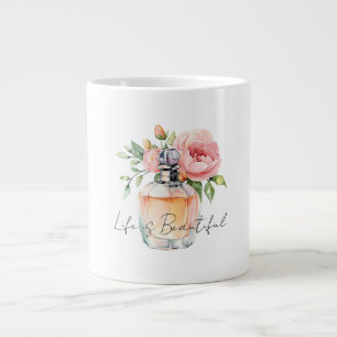 Caneca De Café Grande Frasco de Perfume Rosas Bege Lindas