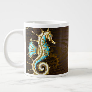 Caneca De Café Grande Fundo de madeira com cavalo de mar mecânico