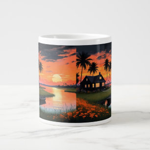 Caneca De Café Grande Fundo De Verão Com Palmeiras Sunset