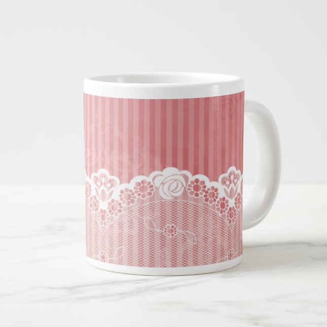Caneca De Café Grande Fundo rosa e branco com rendas pretas (Frente Esquerda)