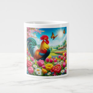 Caneca De Café Grande Galo floral/primavera/trabalho de arte de galinha