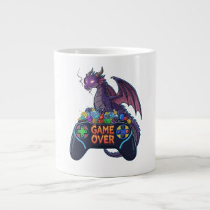 Caneca De Café Grande Gamer Dragão Protegendo Dados de RPG no "Game Over