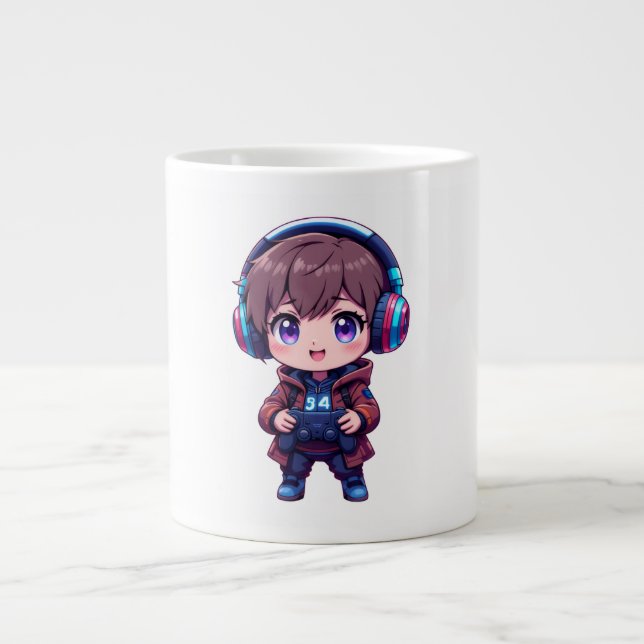 Caneca De Café Grande Gamer Kid Mug com Fones de ouvido e PlayStation Co (Frente)